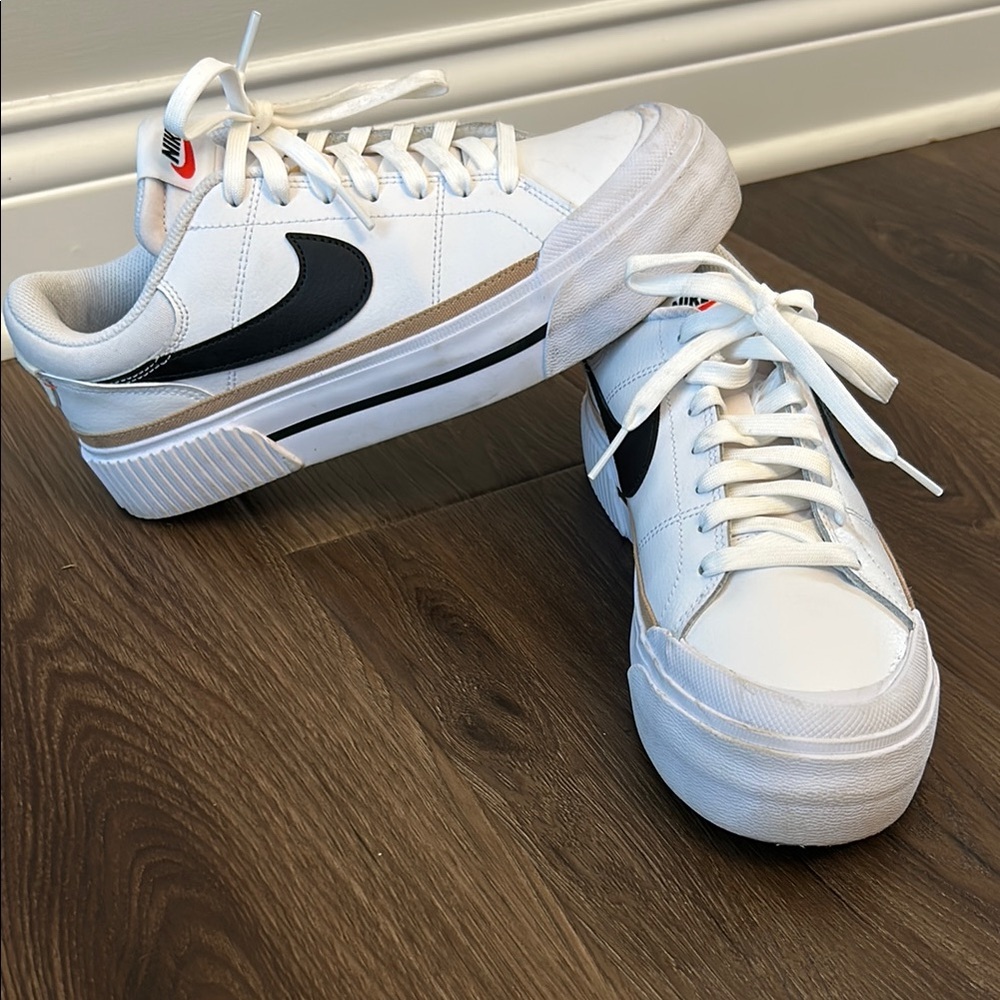 Nike White and Black Court Sneakers size 9